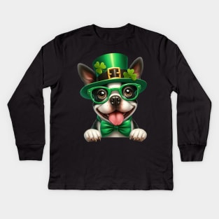 St Patricks Day Peeking Boston Terrier Dog Kids Long Sleeve T-Shirt